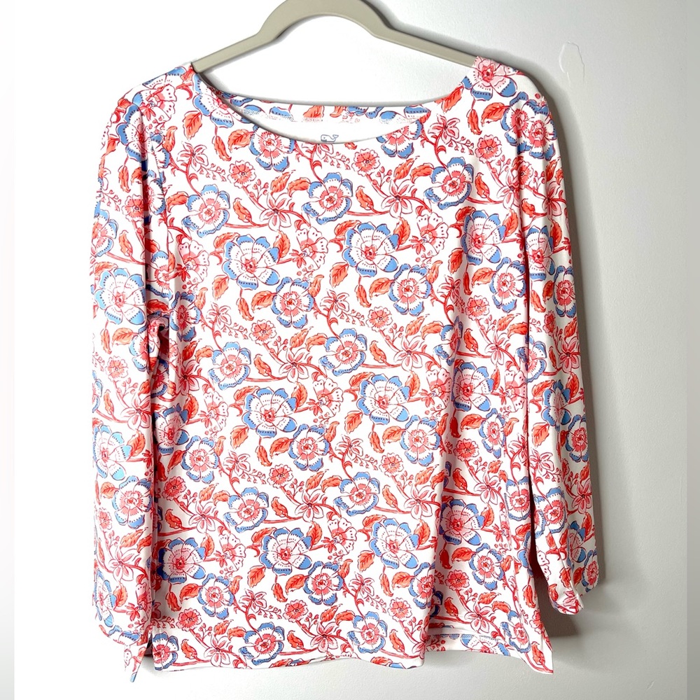 Vineyard Vines Top Large Floral Print Blue Pink Long Sleeve